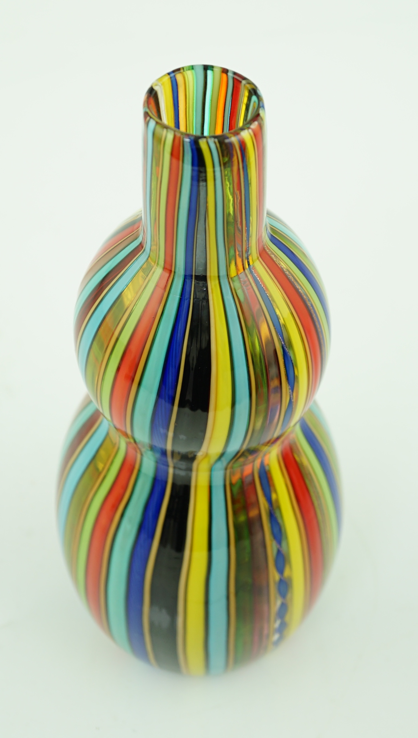 Vittorio Ferro (1932-2012) A Murano glass Murrine vase, double gourd shaped, with vertical polychrome canes, signed, 27cms, Please note this lot attracts an additional import tax of 20% on the hammer price